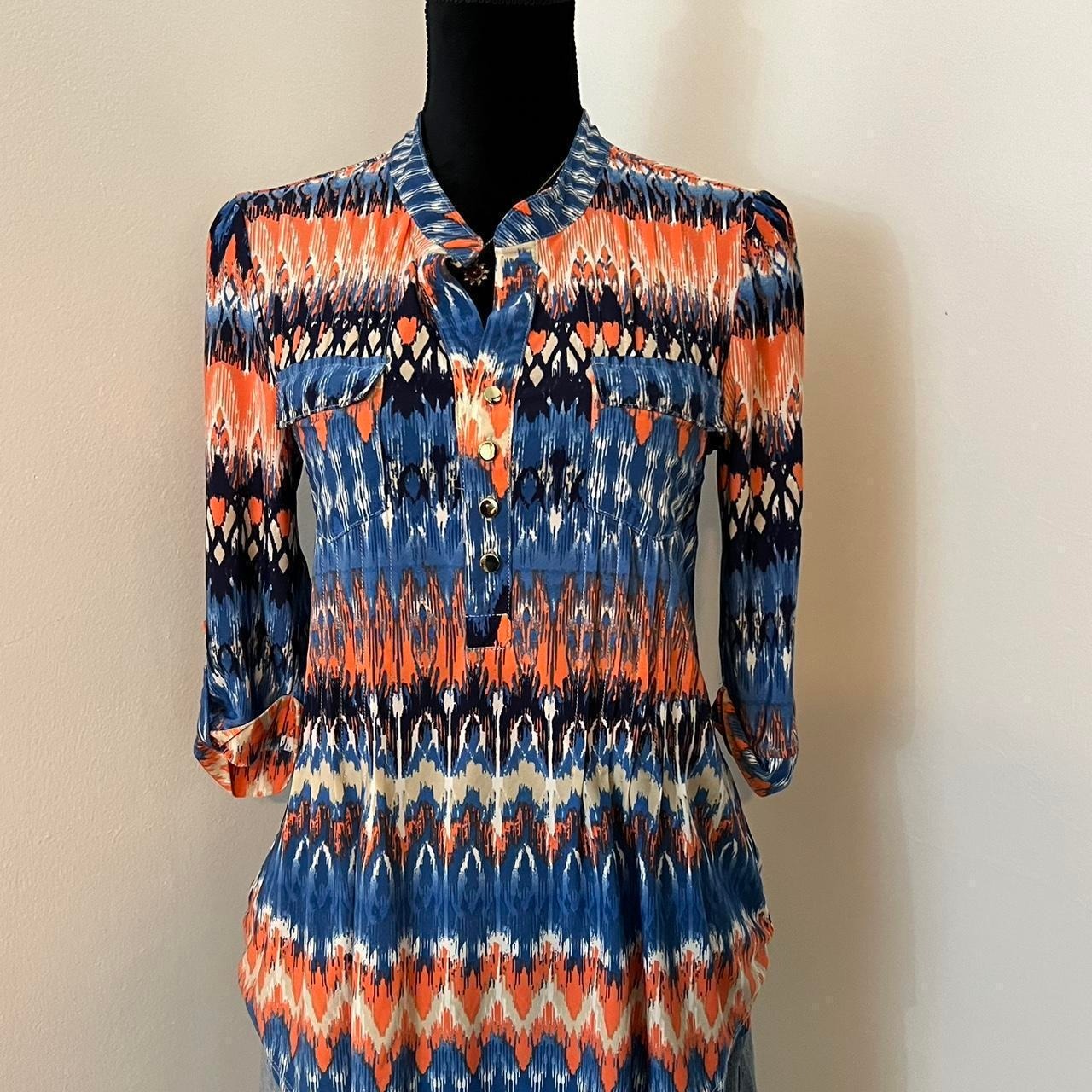 Orange And Blue Boho Blouse With Button Up Front And 3/4 Sleeves Size M
